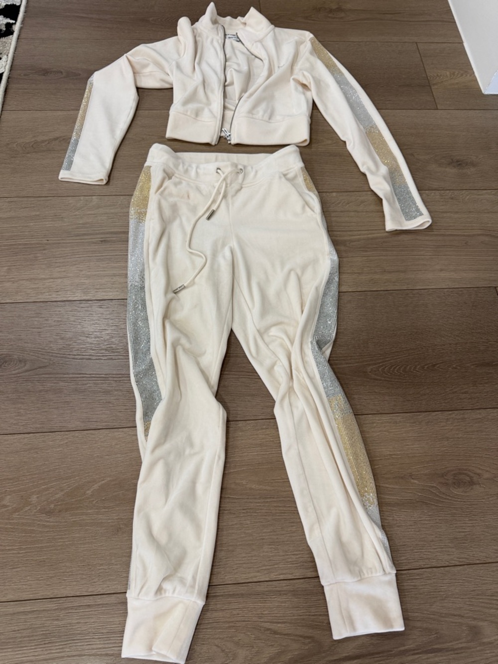 Juicy Couture Cream Velour Jogger Set with Gold & Silver Glitter Stripes